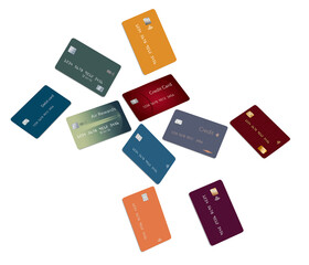 Ten generic credit cards of various types are seen isolated on a white background in a 3-d illustration.