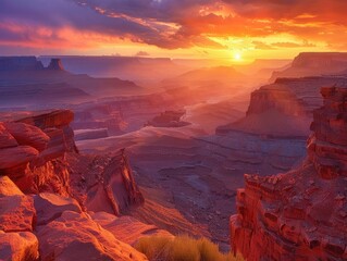An expansive view of a desert filled with mesas, buttes, and canyons, the setting sun casting a warm glow over the entire landscape. The sky is filled with vibrant colors, 