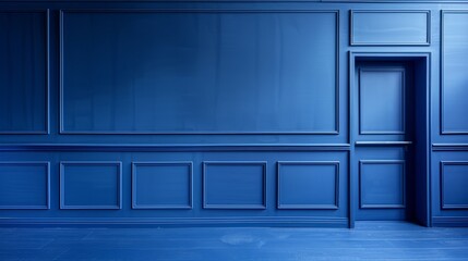 Fototapeta premium A centrally positioned blue door and blue wall define an empty room, its floor covered in blue tiles