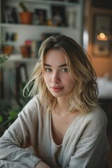 A young woman with blonde hair in casual attire, indoors.