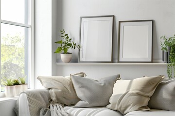 Fototapeta premium Mockup of two frames on a shelf in a modern living room interior