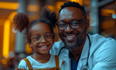 A young girl and a man are smiling at the camera. The man is wearing a white lab coat and glasses