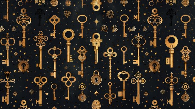 Luxury pattern with golden vintage keys. illustration.