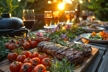 A large steak is surrounded by tomatoes and herbs on a wooden cutting board. The table is set with wine glasses, plates of food, and utensils.
