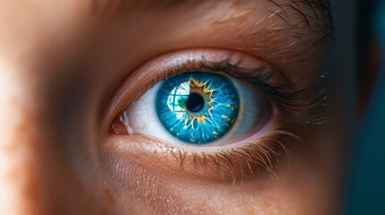  A detailed shot of an eye, featuring a blue-yellow iris, encircled by a reflective image of a building behind