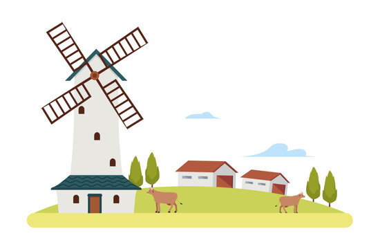 Vector farm landscape with a windmill among the fields. Flat style.