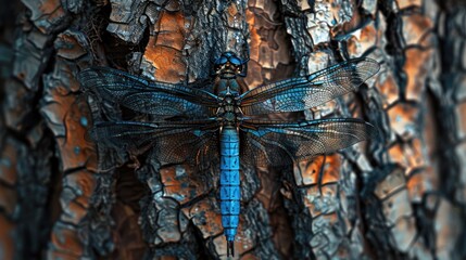 A big blue dragonfly resting on a parched tree trunk - Powered by Adobe