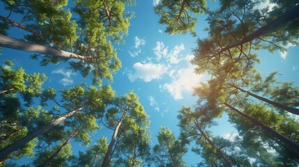 Tall trees in a forest with a blue sky background. Low angle view of green tree tops on a sunny day. Green forest. Tree with green Leaves and sun light. Bottom view background.
