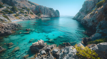 A vast body of aqua fluid surrounded by rocky mountains, creating a stunning natural landscape. Perfect for travel and enjoying the beauty of nature