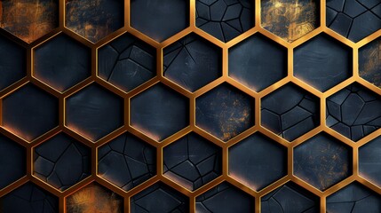 The image is a dark blue background with a pattern of hexagons made of copper. The hexagons are of different sizes and are arranged in a random pattern.