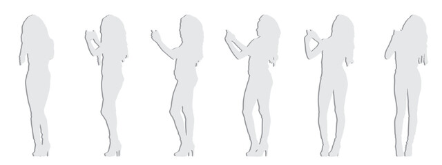 ector concept conceptual gray paper cut silhouette of a woman taking a selfie  isolated on white background. A metaphor for beauty, fashion, leisure, technology, trend, social media and lifestyle