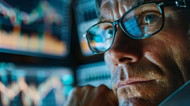 A man wearing glasses is looking at a computer screen with a frown on his face. The screen shows a graph with a downward trend