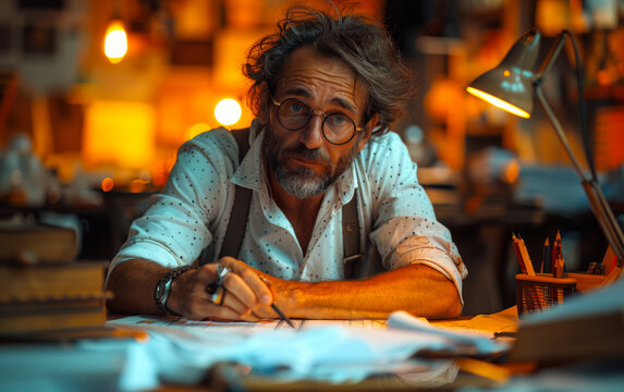 A man with glasses is sitting at a desk with a pen in his hand. He is focused on writing something