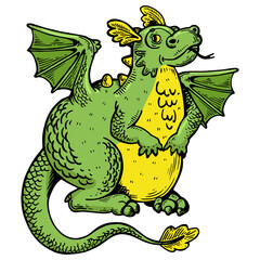 Cartoon dragon animal engraving color sketch PNG illustration. Scratch board style imitation. Black and white hand drawn image.