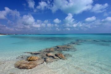 Rocks on beach at Treasure Cay, Abaco, Bahamas amid clear turquoise water. on sunny summer day.