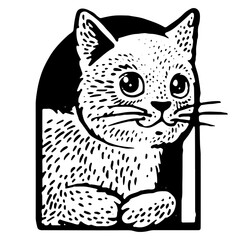 cat in cat house sketch engraving PNG illustration. T-shirt apparel print design. Scratch board imitation. Black and white hand drawn image.