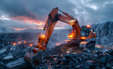 A large orange excavator is driving through a rocky area. The sky is cloudy and the sun is setting, creating a moody atmosphere