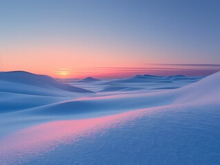 A tranquil sunrise over a snowy landscape, with the sky transitioning from dark blue to soft orange and pink. The snow reflects the gentle light, creating a peaceful 