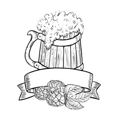 A wooden beer mug and a hop plant. Vector black and white hand-drawn graphics. A design element highlighted on a white background. For bar or restaurant menus, labels, posters, Oktoberfest logo.
