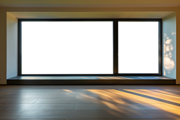 Large minimal clean window frame interior design. Transparent PNG background. Spacious living area with large window frames. Modern, clean style.