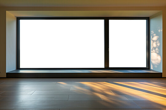 Large minimal clean window frame interior design. Transparent PNG background. Spacious living area with large window frames. Modern, clean style.