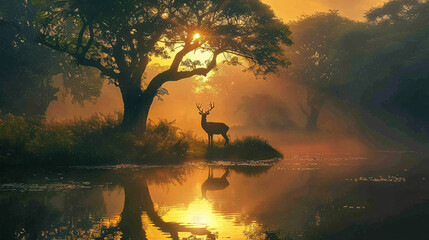 A deer is standing in front of a tree by a body of water - Powered by Adobe
