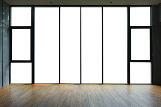 Large minimal clean window frame interior design. Transparent PNG background. Residential space with elegant windows. Minimalist interior. Transparent PNG.