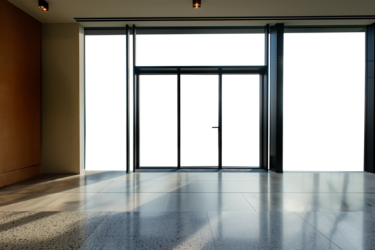 Large minimal clean window frame interior design. Transparent PNG background. Contemporary house with tall glass windows. Stylish, modern interior.