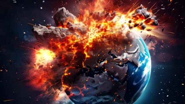 Planet Earth exploding from nuclear blast. Explosion of atomic bomb on the globe. Apocalypse, world war 3