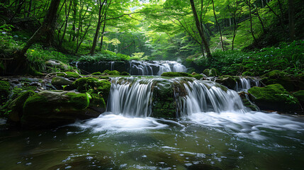Fototapeta premium A serene waterfall flowing through a lush forest in Thailand