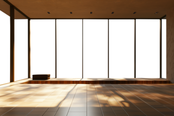 Large minimal clean window frame interior design. Transparent PNG background. Minimalist wooden home with large, clean windows. Modern interior design.