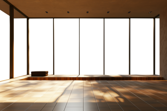 Large minimal clean window frame interior design. Transparent PNG background. Minimalist wooden home with large, clean windows. Modern interior design.