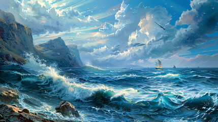A painting of a stormy ocean with a boat in the distance