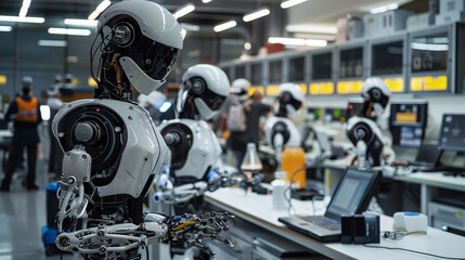 A line of robots are working on a conveyor belt. The robots are all white and have a robotic appearance