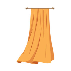 Yellow silk curtain waving on the cornice, vector curtains interior decor, domestic or theatre textile decoration