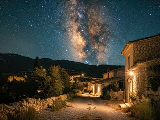 A clear, starry night over a quiet village, with the sky filled with stars and the Milky Way stretching across the horizon. The scene is calm and magical, capturing the beauty of the night sky.