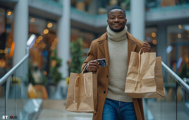 A man is walking down a mall with two shopping bags and a cell phone. He is smiling and he is enjoying his shopping experience