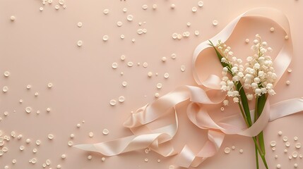 Fototapeta premium Lily of the valley flowers, ribbon, and beads on a pink background. Flat lay composition with copy space. Springtime and celebration concept. Design for greeting card, invitation, postcard, banner