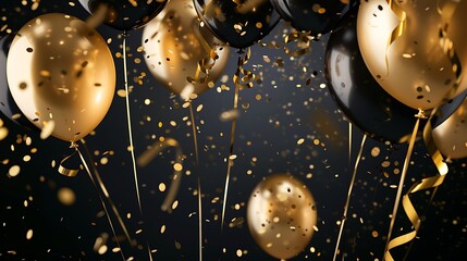 Golden and black balloons with shimmering confetti on a dark background signifying celebration and luxury.