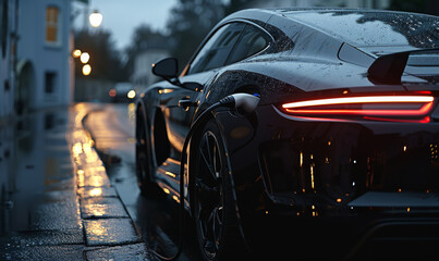Naklejka premium A black car is parked on a wet street. The car is shiny and has a sleek design. The scene has a moody and mysterious feel to it