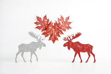 Red and Silver Moose Silhouettes with Maple Leaves in the Shape of a Heart