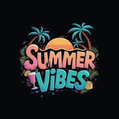 Obraz premium A whimsical summer vibes with typography tropical motifs against a dark background vector illustration