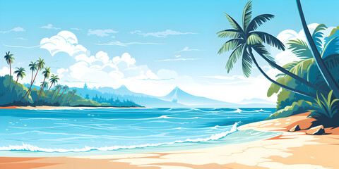 Fototapeta premium Illustration of ranquil beach scenes with white sand, clear blue water and palm trees