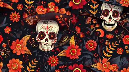 A vibrant Day of the Dead themed pattern featuring decorated skulls and flowers on a dark background.