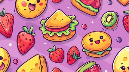 Colorful illustration of cute, animated food items with smiley faces on a purple background with stars. 