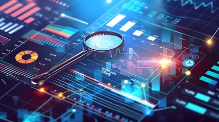 Digital financial analysis concept with magnifying glass over futuristic interface displaying graphs and data visualizations. 