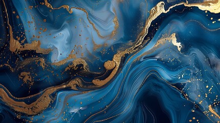 An abstract background of swirling blue and gold colors resembling marble or a fluid art painting.