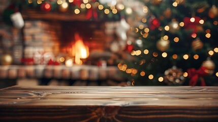 A place for a warmly wrapped holiday gift on a table with a cozy, festive Christmas background featuring a glowing fireplace and decorated tree. 