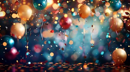 Vibrant celebration background with floating balloons and glittering confetti on a dreamy backdrop.