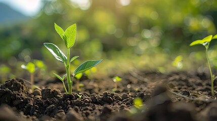 Fototapeta premium A young plant sprouting from fertile soil with a backdrop of sunlit bokeh, symbolizing growth and new beginnings. 